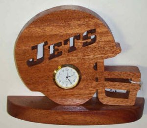 Hand scrolled NY Jets Helmet with clock (exotic wood)
